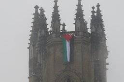 Un drapeau palestinien hissé en haut de la cathédrale de Fribourg
